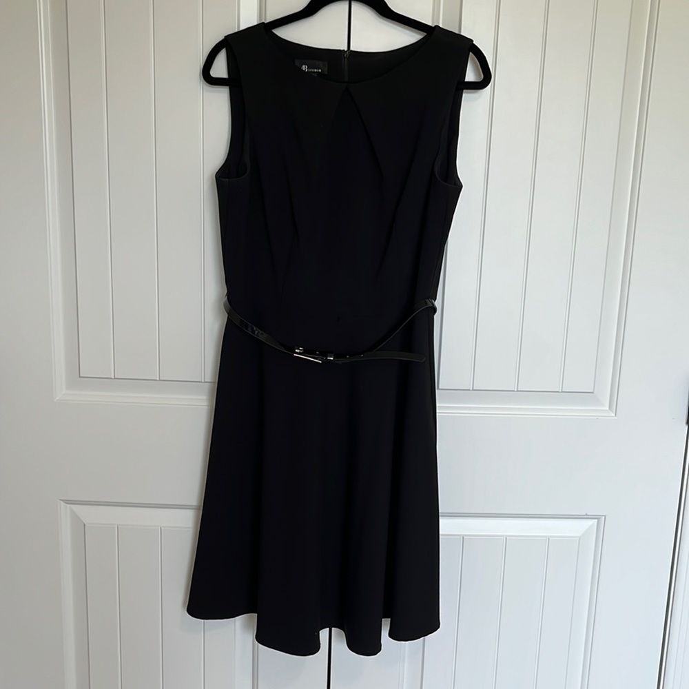 Black dress with V pleat at top & with belt